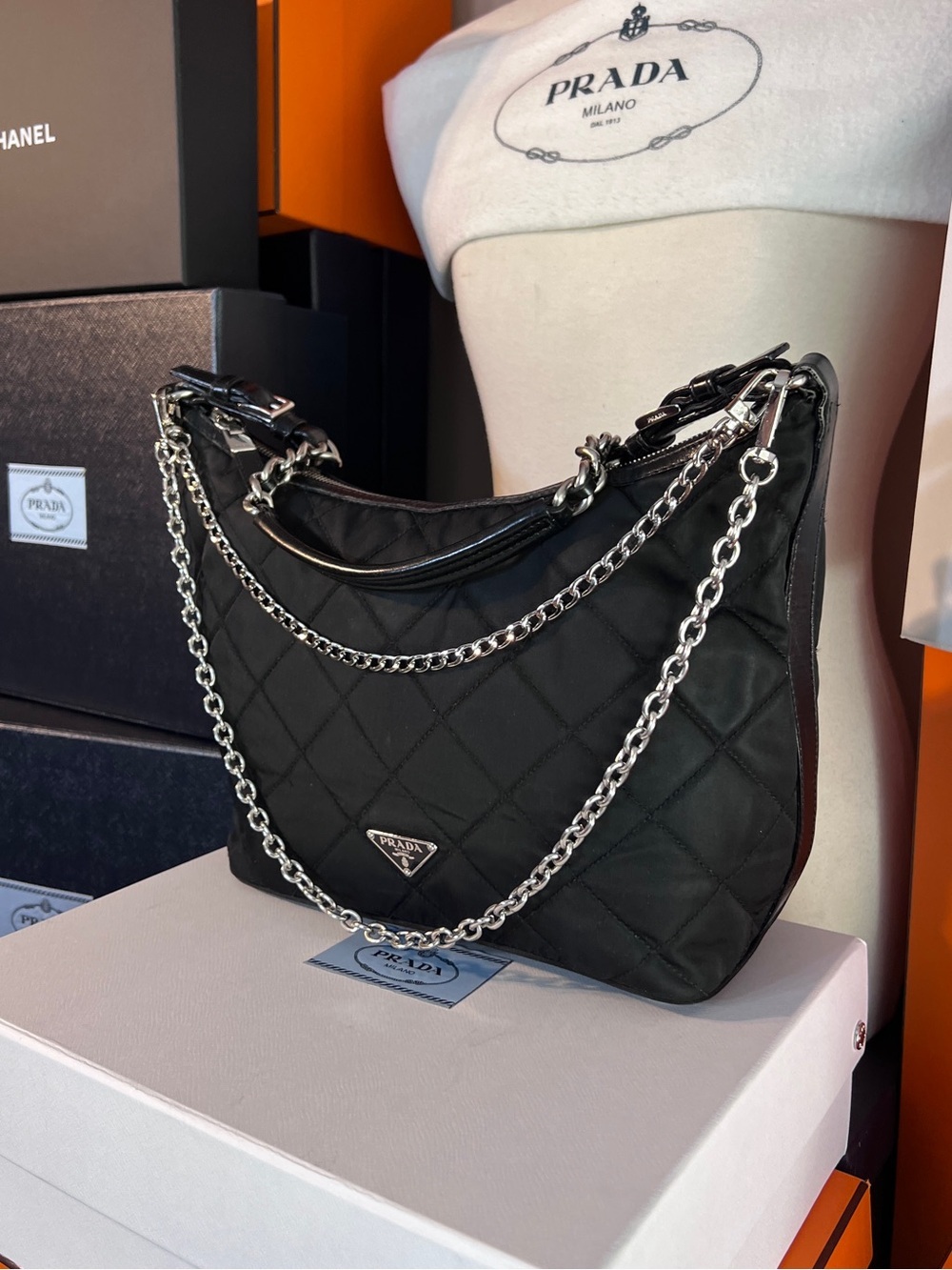 Prada⭐️Black Quilted Shoulder Bag with Silver chains inc!⭐️Offers welcome! - Picture 4 of 15